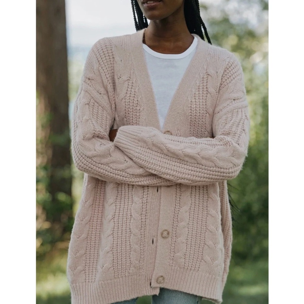 Jenni Kayne Cable Cocoon Cardigan Size M Beige Knit Sweater Blush Pink